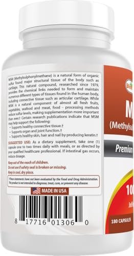 Best Naturals MSM 1000 mg – 180 Kapseln, hochreines Nahrungsergänzungsmittel