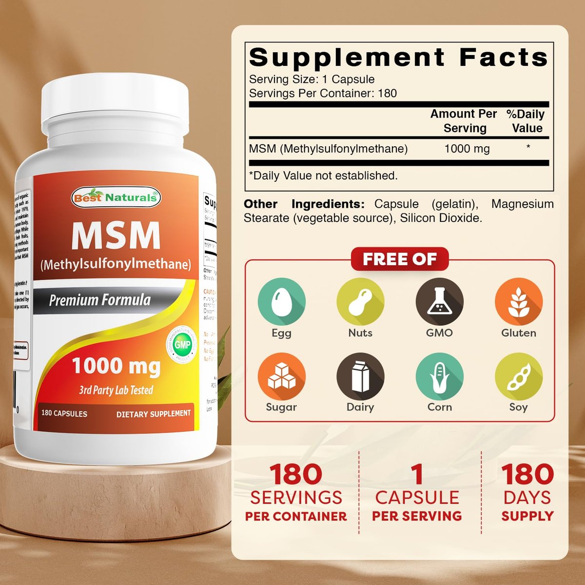 Best Naturals MSM 1000 mg – 180 Kapseln, hochreines Nahrungsergänzungsmittel