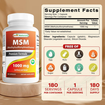 Best Naturals MSM 1000 mg – 180 Kapseln, hochreines Nahrungsergänzungsmittel
