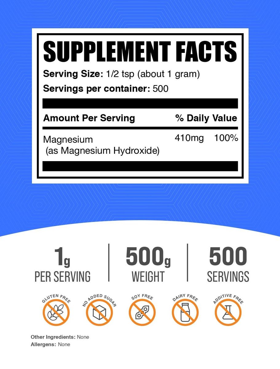 BulkSupplements.com Magnesiumhydroxid-Pulver – Nahrungsergänzungsmittel in Lebensmittelqualität, glutenfrei, 1 g pro Portion, 500 g (1,1 lb) (1er-Pack)