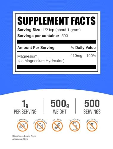 BulkSupplements.com Magnesiumhydroxid-Pulver – Nahrungsergänzungsmittel in Lebensmittelqualität, glutenfrei, 1 g pro Portion, 500 g (1,1 lb) (1er-Pack)