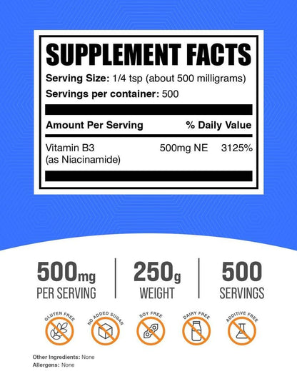 BulkSupplements.com Niacinamid Pulver - Vitamin B3 Pulver, Niacinamid Supplement, Niacinamid 500mg - B3 Vitamine für die Haut, Glutenfrei, 500mg pro Portion, 250g (8,8 Unzen) (1er Pack)