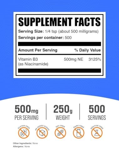 BulkSupplements.com Niacinamid Pulver - Vitamin B3 Pulver, Niacinamid Supplement, Niacinamid 500mg - B3 Vitamine für die Haut, Glutenfrei, 500mg pro Portion, 250g (8,8 Unzen) (1er Pack)