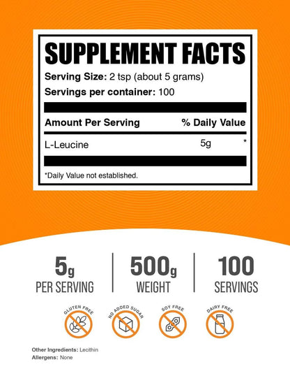BulkSupplements L-Leucin Pulver - BCAA Aminosäure, ungewürzt, 5 g pro Portion, 500 g (1,1 Pfund) (1er-Pack)