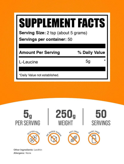 BulkSupplements.com L-Leucin Pulver – Leucin Ergänzung, BCAA Pulver, ungewürzt, 5 g pro Portion, 250 g (8,8 oz) (1er Pack)