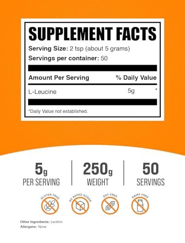 BulkSupplements.com L-Leucin Pulver – Leucin Ergänzung, BCAA Pulver, ungewürzt, 5 g pro Portion, 250 g (8,8 oz) (1er Pack)