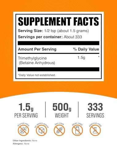 BulkSupplements.com Betain Anhydrous Pulver - Trimethylglycin, TMG Nahrungsergänzungsmittel, TMG Pulver - Betain TMG - Glutenfrei, 1500mg pro Portion, 500g (1,1 Pfund)