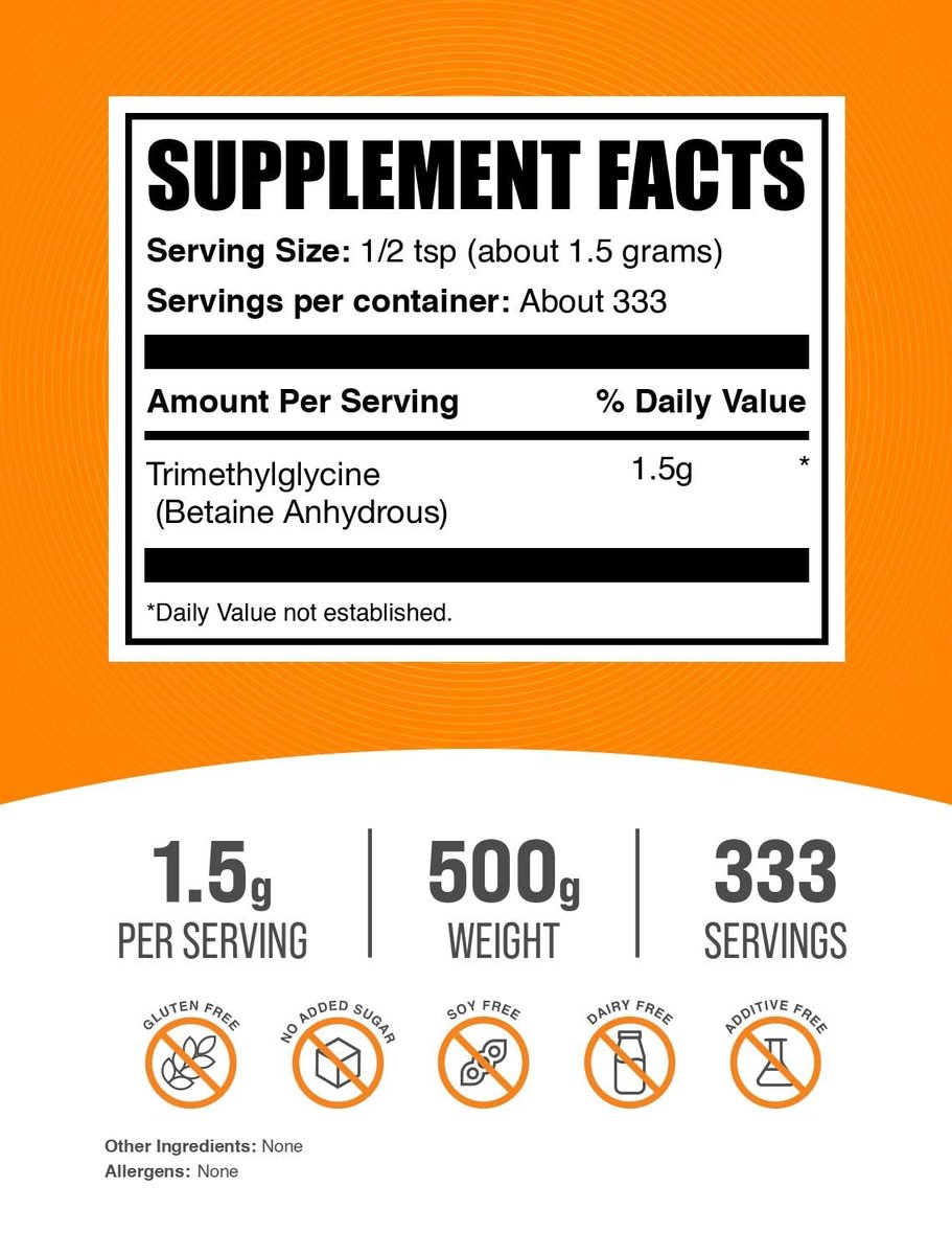 BulkSupplements.com Betain Anhydrous Pulver - Trimethylglycin, TMG Nahrungsergänzungsmittel, TMG Pulver - Betain TMG - Glutenfrei, 1500mg pro Portion, 500g (1,1 Pfund)