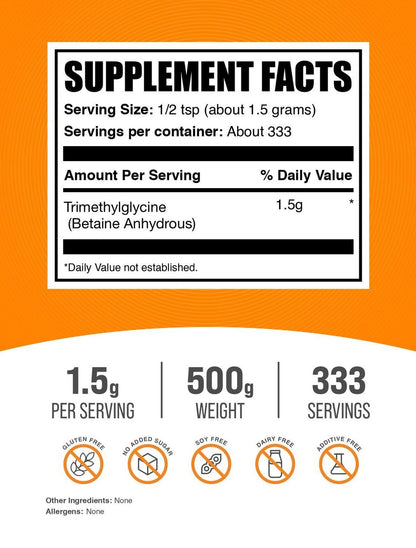 BulkSupplements.com Betain Anhydrous Pulver - Trimethylglycin, TMG Nahrungsergänzungsmittel, TMG Pulver - Betain TMG - Glutenfrei, 1500mg pro Portion, 500g (1,1 Pfund)