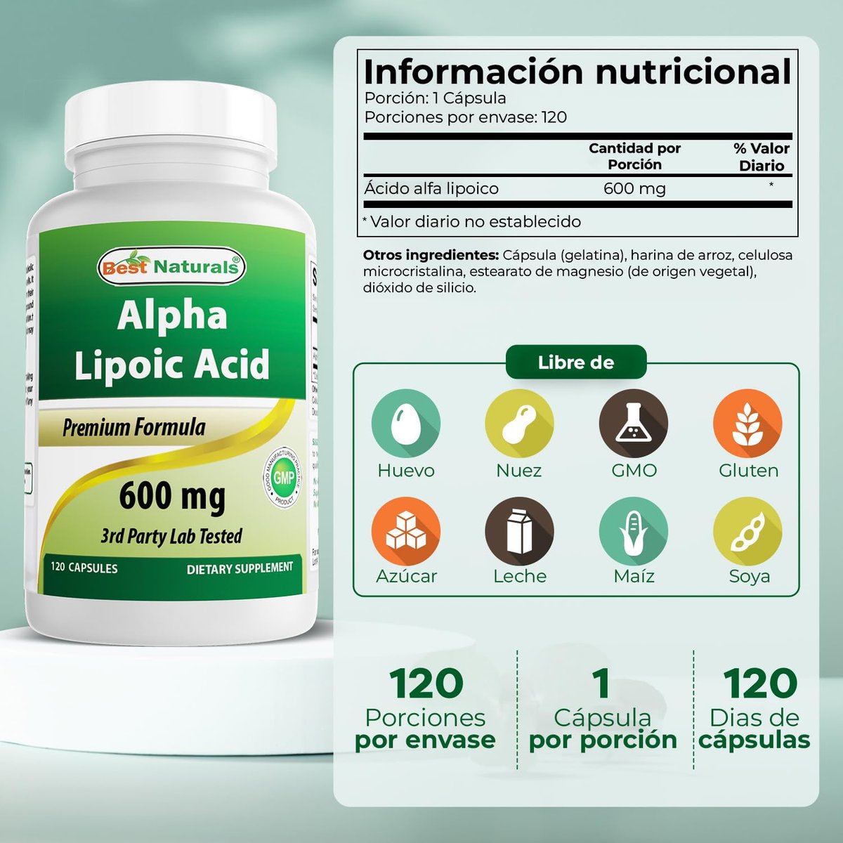 Best Naturals Alpha-Liponsäure 600 mg, 120 Kapseln – Hochdosiertes Antioxidans ALA