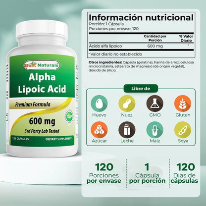 Best Naturals Alpha-Liponsäure 600 mg, 120 Kapseln – Hochdosiertes Antioxidans ALA