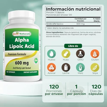 Best Naturals Alpha-Liponsäure 600 mg, 120 Kapseln – Hochdosiertes Antioxidans ALA