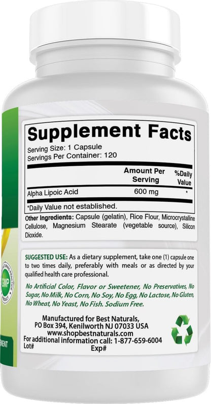 Best Naturals Alpha-Liponsäure 600 mg, 120 Kapseln – Hochdosiertes Antioxidans ALA