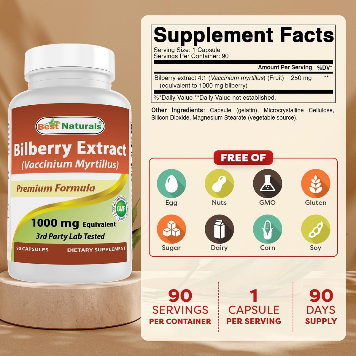 Best Naturals Heidelbeerextrakt 1000 mg Kapseln (Non-GMO) – Unterstützt gesunde Sehkraft, 90 Kapseln