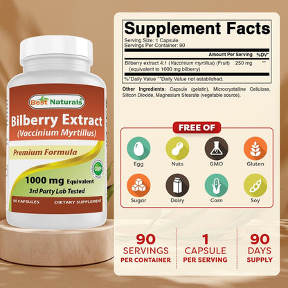 Best Naturals Heidelbeerextrakt 1000 mg Kapseln (Non-GMO) – Unterstützt gesunde Sehkraft, 90 Kapseln