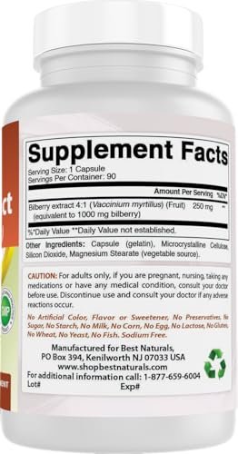 Best Naturals Heidelbeerextrakt 1000 mg Kapseln (Non-GMO) – Unterstützt gesunde Sehkraft, 90 Kapseln
