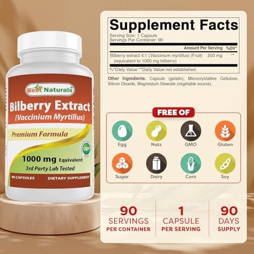Best Naturals Heidelbeerextrakt 1000 mg Kapseln (Non-GMO) – Unterstützt gesunde Sehkraft, 90 Kapseln