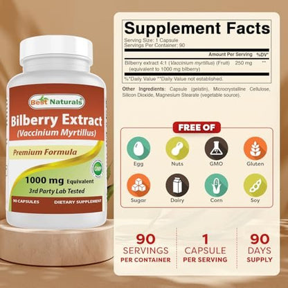 Best Naturals Heidelbeerextrakt 1000 mg Kapseln (Non-GMO) – Unterstützt gesunde Sehkraft, 90 Kapseln