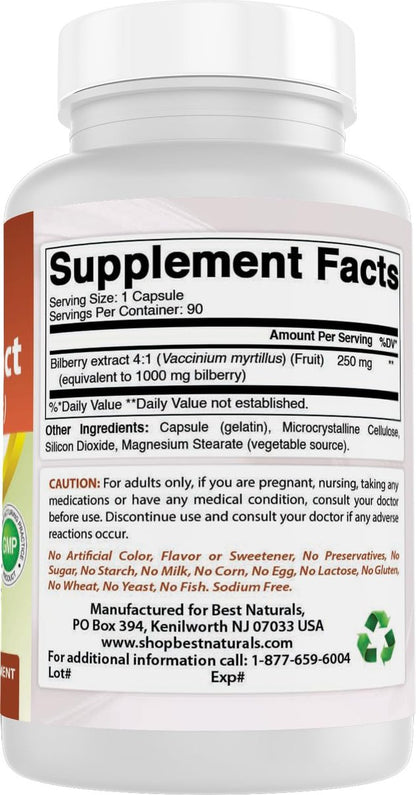 Best Naturals Heidelbeerextrakt 1000 mg Kapseln (Non-GMO) – Unterstützt gesunde Sehkraft, 90 Kapseln