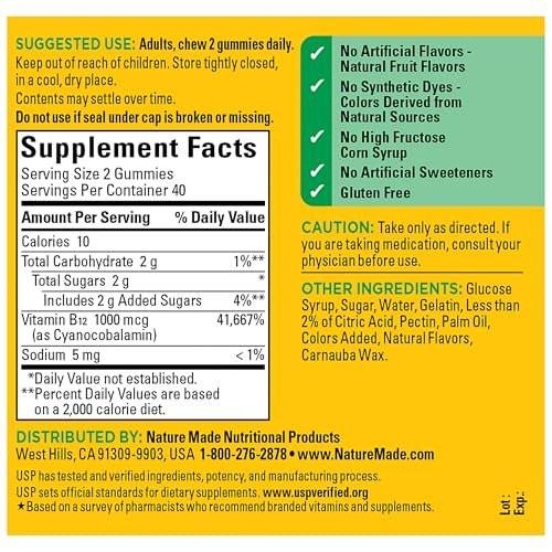 Nature Made Vitamin B12 Gummies 1000 mcg – 80 Stück, 40 Tage Vorrat, Nahrungsergänzungsmittel zur Unterstützung des Energiestoffwechsels