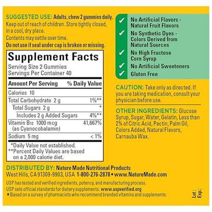 Nature Made Vitamin B12 Gummies 1000 mcg – 80 Stück, 40 Tage Vorrat, Nahrungsergänzungsmittel zur Unterstützung des Energiestoffwechsels