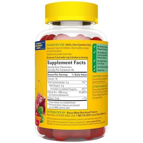 Nature Made Vitamin B12 Gummies 1000 mcg – 80 Stück, 40 Tage Vorrat, Nahrungsergänzungsmittel zur Unterstützung des Energiestoffwechsels