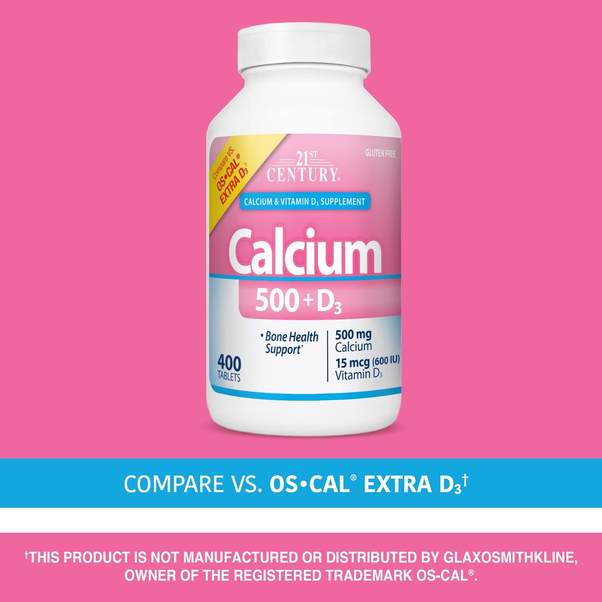 21st Century Calcium 500 Plus Extra D Caplets, 400 Stück – Hochdosiertes Calcium & Vitamin D3 für starke Knochen