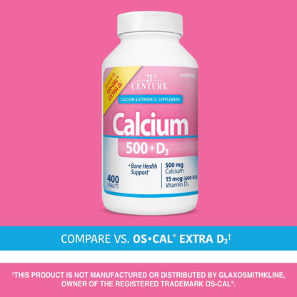 21st Century Calcium 500 Plus Extra D Caplets, 400 Stück – Hochdosiertes Calcium & Vitamin D3 für starke Knochen