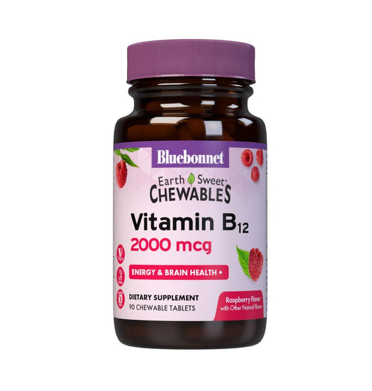 BlueBonnet Earth Sweet Vitamin B12 1000 mcg & Folsäure 400 mcg – Gehirngesundheit & Energievitamine für Frauen & Männer – Vegan, glutenfrei, Himbeer-Geschmack – 90 Kautabletten