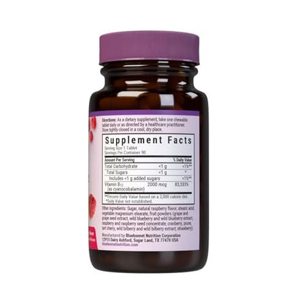 BlueBonnet Earth Sweet Vitamin B12 1000 mcg & Folsäure 400 mcg – Gehirngesundheit & Energievitamine für Frauen & Männer – Vegan, glutenfrei, Himbeer-Geschmack – 90 Kautabletten