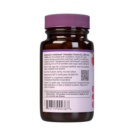 Bluebonnet Nutrition Earth Sweet Vitamin B6, B12, Plus Folsäure Kautabletten - Vegan, Glutenfrei, Sojafrei, Milchfrei, Koscher, 60 Kautabletten, Himbeergeschmack