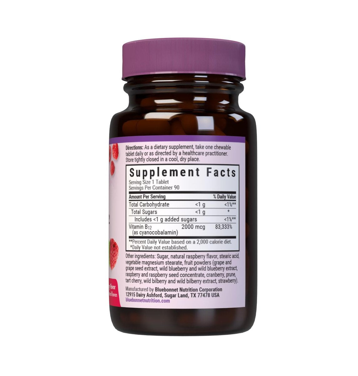 BlueBonnet Earth Sweet Vitamin B12 1000 mcg & Folsäure 400 mcg – Gehirngesundheit & Energievitamine für Frauen & Männer – Vegan, glutenfrei, Himbeer-Geschmack – 90 Kautabletten