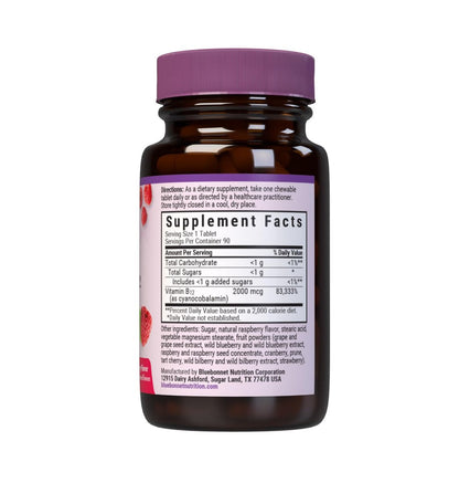 BlueBonnet Earth Sweet Vitamin B12 1000 mcg & Folsäure 400 mcg – Gehirngesundheit & Energievitamine für Frauen & Männer – Vegan, glutenfrei, Himbeer-Geschmack – 90 Kautabletten