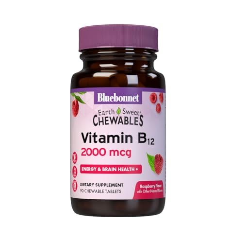 BlueBonnet Earth Sweet Vitamin B12 1000 mcg & Folsäure 400 mcg – Gehirngesundheit & Energievitamine für Frauen & Männer – Vegan, glutenfrei, Himbeer-Geschmack – 90 Kautabletten