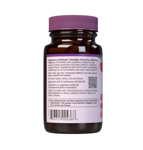 Bluebonnet Nutrition Earth Sweet Vitamin B6, B12, Plus Folsäure Kautabletten - Vegan, Glutenfrei, Sojafrei, Milchfrei, Koscher, 60 Kautabletten, Himbeergeschmack