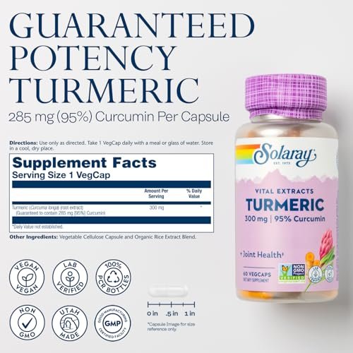 SOLARAY Kurkuma 300 mg - Extrakt mit 95% Curcumin - Gelenkunterstützung für Beweglichkeit und Wohlbefinden - Vegan, Glutenfrei, 60-Tage-Garantie, 60 Portionen