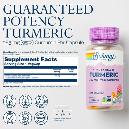 SOLARAY Kurkuma 300 mg - Extrakt mit 95% Curcumin - Gelenkunterstützung für Beweglichkeit und Wohlbefinden - Vegan, Glutenfrei, 60-Tage-Garantie, 60 Portionen
