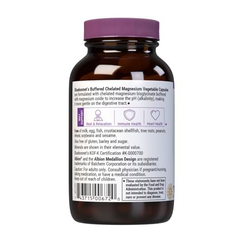 Bluebonnet Nutrition Albion Gepufferte Chelat-Magnesium 200 mg - 60 vegane Kapseln, Stressabbau, Nicht-GVO, Glutenfrei, Sojafrei, Milchfrei, Koscher