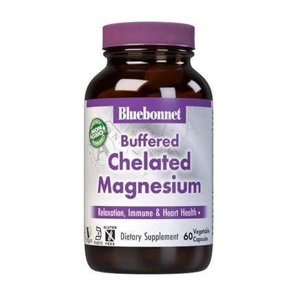 Bluebonnet Nutrition Albion Gepufferte Chelat-Magnesium 200 mg - 60 vegane Kapseln, Stressabbau, Nicht-GVO, Glutenfrei, Sojafrei, Milchfrei, Koscher