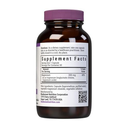 Bluebonnet Nutrition Albion Gepufferte Chelat-Magnesium 200 mg - 60 vegane Kapseln, Stressabbau, Nicht-GVO, Glutenfrei, Sojafrei, Milchfrei, Koscher