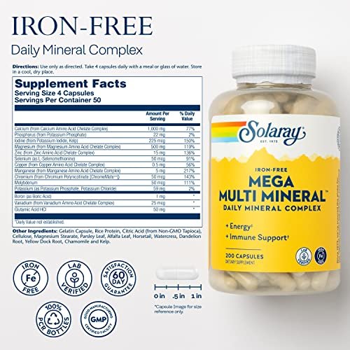 SOLARAY Mega Multi Mineral, Eisenfrei - Tägliches Mineralpräparat mit Spurenelementen, Elektrolyten, Calcium, Magnesium, Zink, Selen, Bor - Zellenergie, Immununterstützung, 60-Tage-Garantie, 50 Portionen
