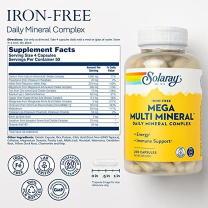 SOLARAY Mega Multi Mineral, Eisenfrei - Tägliches Mineralpräparat mit Spurenelementen, Elektrolyten, Calcium, Magnesium, Zink, Selen, Bor - Zellenergie, Immununterstützung, 60-Tage-Garantie, 50 Portionen