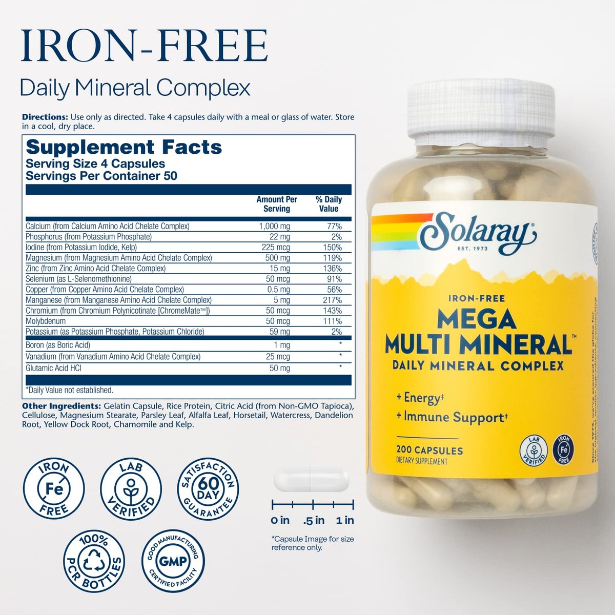SOLARAY Mega Multi Mineral, Eisenfrei - Tägliches Mineralpräparat mit Spurenelementen, Elektrolyten, Calcium, Magnesium, Zink, Selen, Bor - Zellenergie, Immununterstützung, 60-Tage-Garantie, 50 Portionen