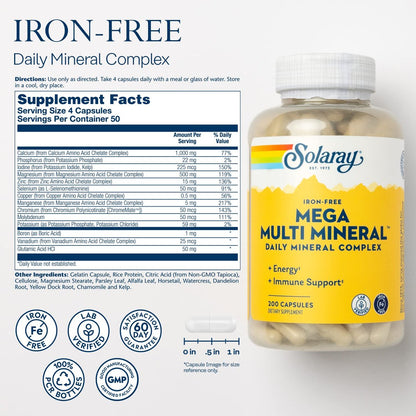 SOLARAY Mega Multi Mineral, Eisenfrei - Tägliches Mineralpräparat mit Spurenelementen, Elektrolyten, Calcium, Magnesium, Zink, Selen, Bor - Zellenergie, Immununterstützung, 60-Tage-Garantie, 50 Portionen