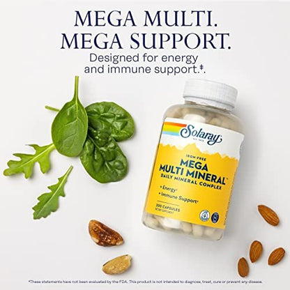 SOLARAY Mega Multi Mineral, Eisenfrei - Tägliches Mineralpräparat mit Spurenelementen, Elektrolyten, Calcium, Magnesium, Zink, Selen, Bor - Zellenergie, Immununterstützung, 60-Tage-Garantie, 50 Portionen