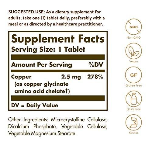 Solgar Chelatiertes Kupfer, 100 Tabletten – Hoch bioverfügbares Kupfer für Kollagenbildung und Bindegewebe – Vegan, Glutenfrei, Laktosefrei, Koscher