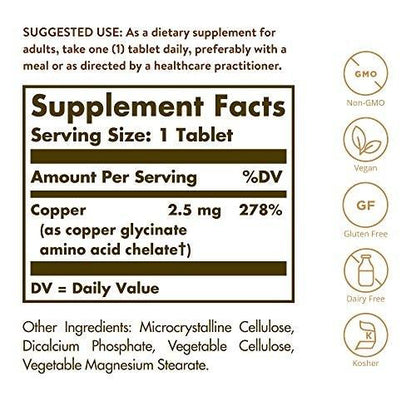 Solgar Chelatiertes Kupfer, 100 Tabletten – Hoch bioverfügbares Kupfer für Kollagenbildung und Bindegewebe – Vegan, Glutenfrei, Laktosefrei, Koscher