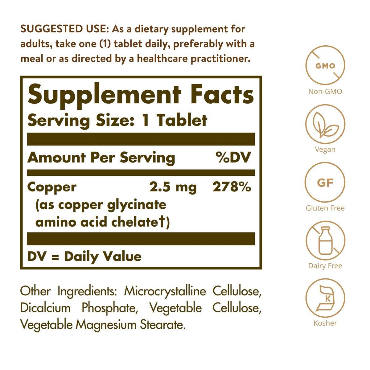 Solgar Chelatiertes Kupfer, 100 Tabletten – Hoch bioverfügbares Kupfer für Kollagenbildung und Bindegewebe – Vegan, Glutenfrei, Laktosefrei, Koscher