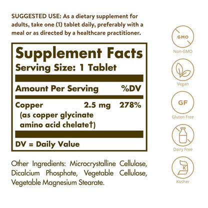 Solgar Chelatiertes Kupfer, 100 Tabletten – Hoch bioverfügbares Kupfer für Kollagenbildung und Bindegewebe – Vegan, Glutenfrei, Laktosefrei, Koscher