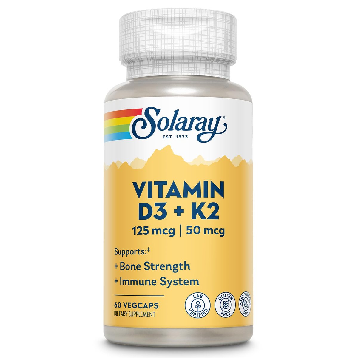 SOLARAY Vitamin D3 K2 Kapseln – 60 vegane Kapseln für Knochenstärke, Kalziumaufnahme und Immunsystem-Unterstützung – ohne Soja